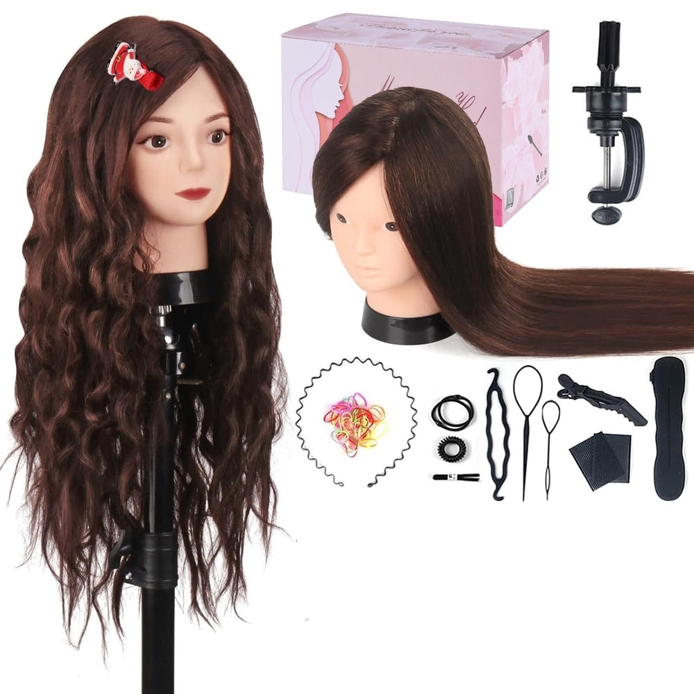 Beauty Star mannequin head full view shows 80% real hair for realistic styling practice.