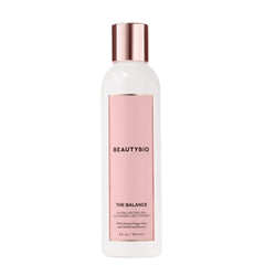 BeautyBio Balance cleanser bottle demonstrates gentle, pH balanced daily cleansing that respects moisture