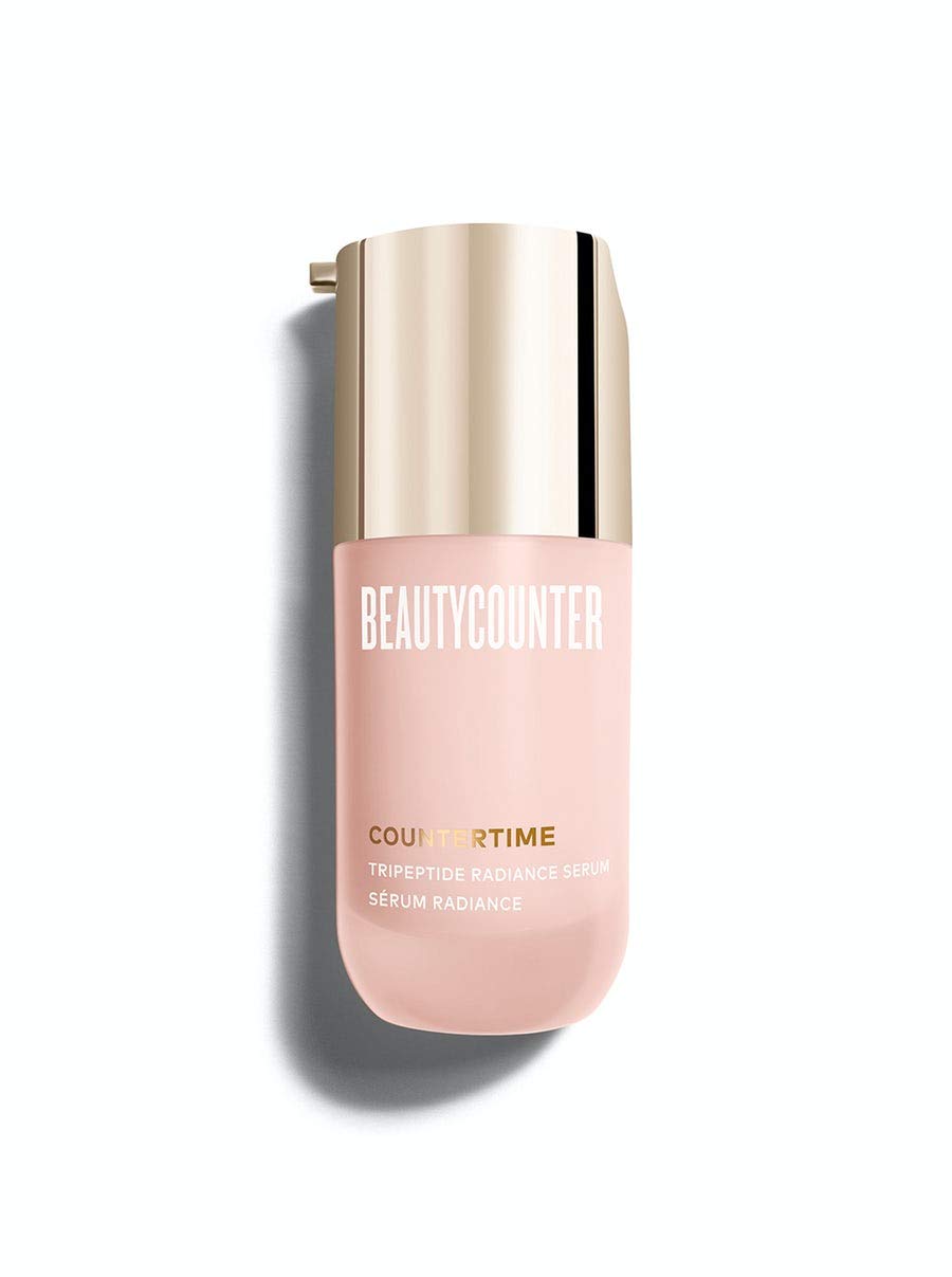 Beautycounter Countertime serum bottle close-up highlighting firming tripeptide formula for radiant skin