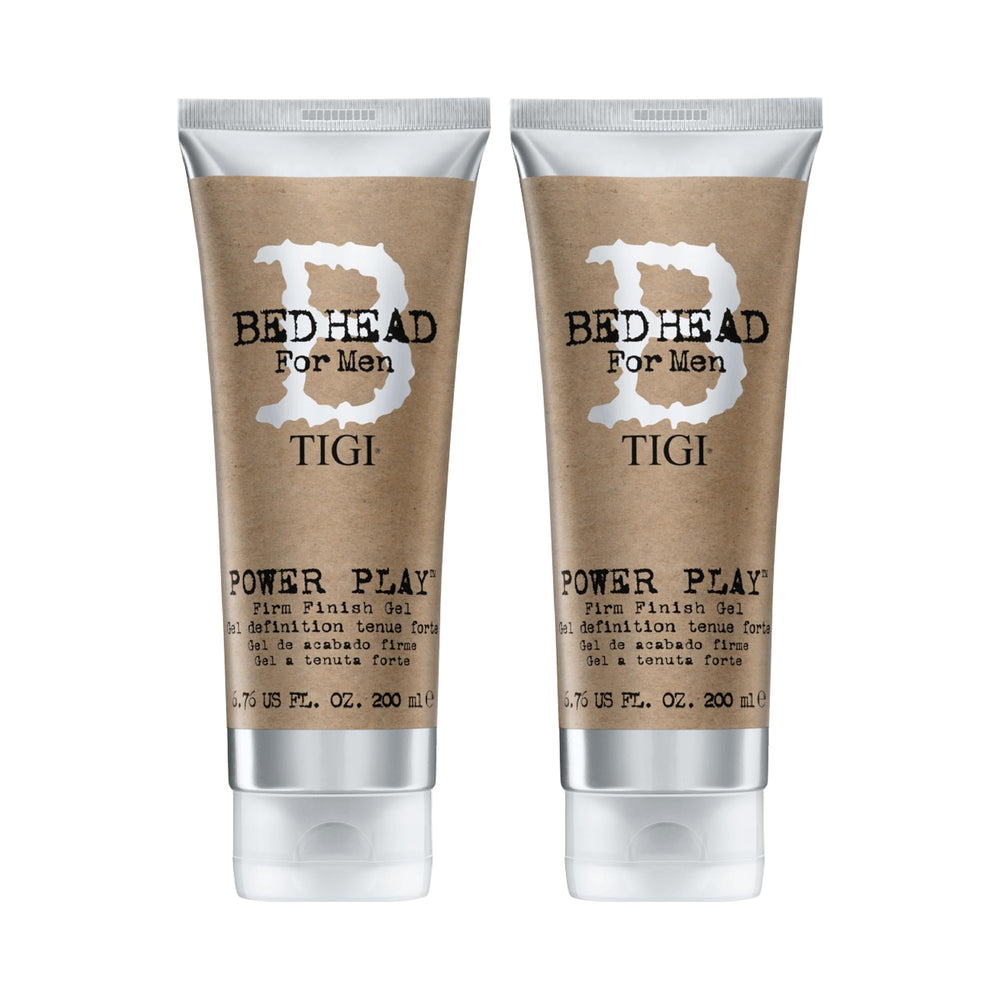 Bed Head for Men Power Play gel bottle shows firm hold with anti-frizz shine