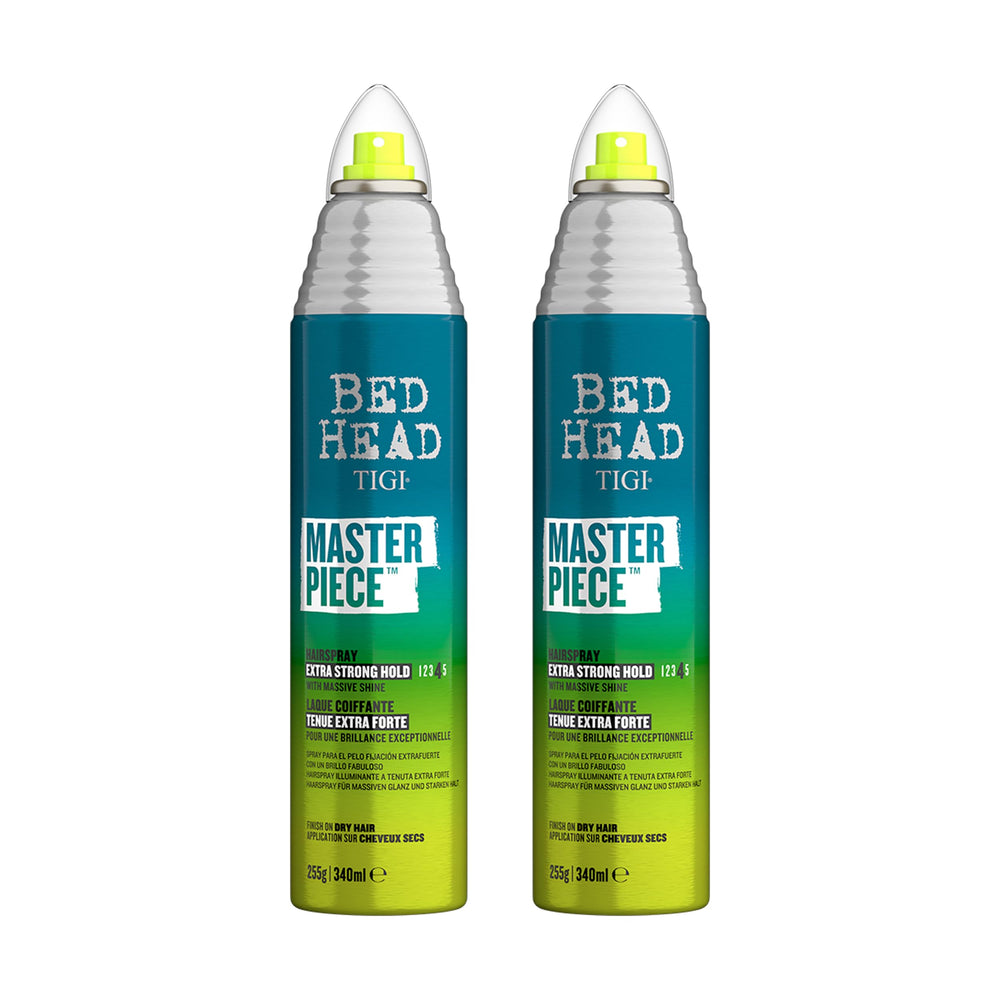 Bed Head Masterpiece Massive Shine hairspray bottle in a two-pack for long-lasting gloss.