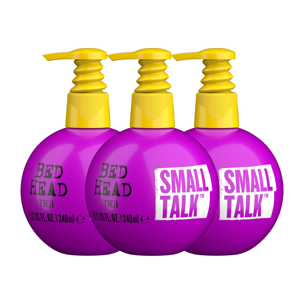 Bed Head Small Talk mini 3-in-1 thickening cream bottle pump boosts volume on fine hair.