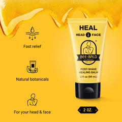 Bee Bald HEAL aftershave label detail highlights natural honey and bee pollen ingredients.