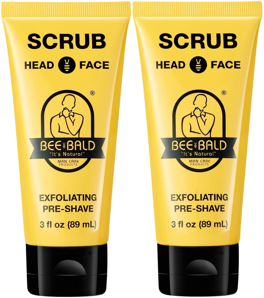 Bee Bald SCRUB bottle close-up showing exfoliating formula for shave prep.