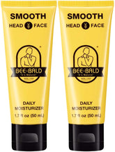 Bee Bald Smooth bottle closeup highlights hydration and shine control in a daily moisturizer.