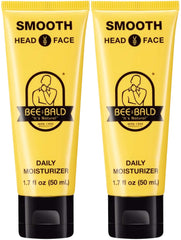 Bee Bald Smooth bottle closeup highlights hydration and shine control in a daily moisturizer.