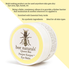 Bee Naturals Queen Bee Eye Balm application fingertip demonstrating gentle, fast-absorbing care for puffy under-eye