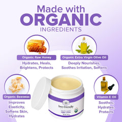 BeeFriendly organic ingredients image highlights honey, propolis, olive oil for antioxidant support.