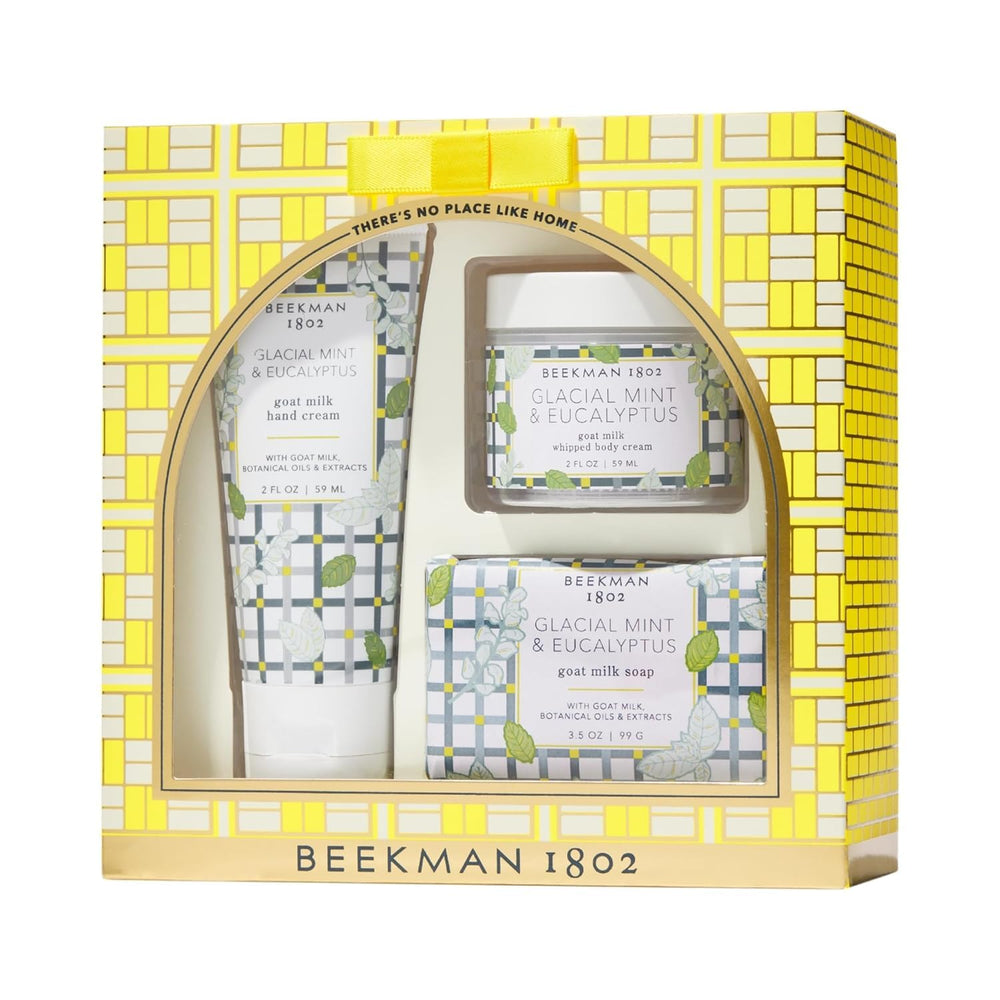 Beekman 1802 at-home spa day gift set packaging with mint and eucalyptus for luxury gifting