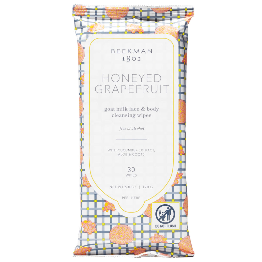 Beekman 1802 Honeyed Grapefruit packaging for on-the-go cleansing and hydration.