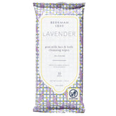 Beekman 1802 face wipes packaging in lavender for on-the-go cleansing.