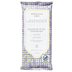 Beekman 1802 face wipes packaging in lavender for on-the-go cleansing.
