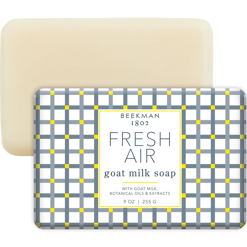 Beekman 1802 Goat Milk Body Soap Bar Fresh Air in hand shows creamy lather for sensitive skin.