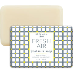 Beekman 1802 Goat Milk Body Soap Bar Fresh Air in hand shows creamy lather for sensitive skin.