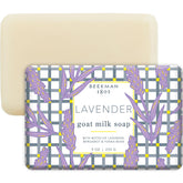 Beekman 1802 Lavender goat milk soap packaging signals gentle, nourishing cleansing.