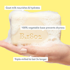 Beekman 1802 goat milk soap bar texture close-up shows creamy moisture