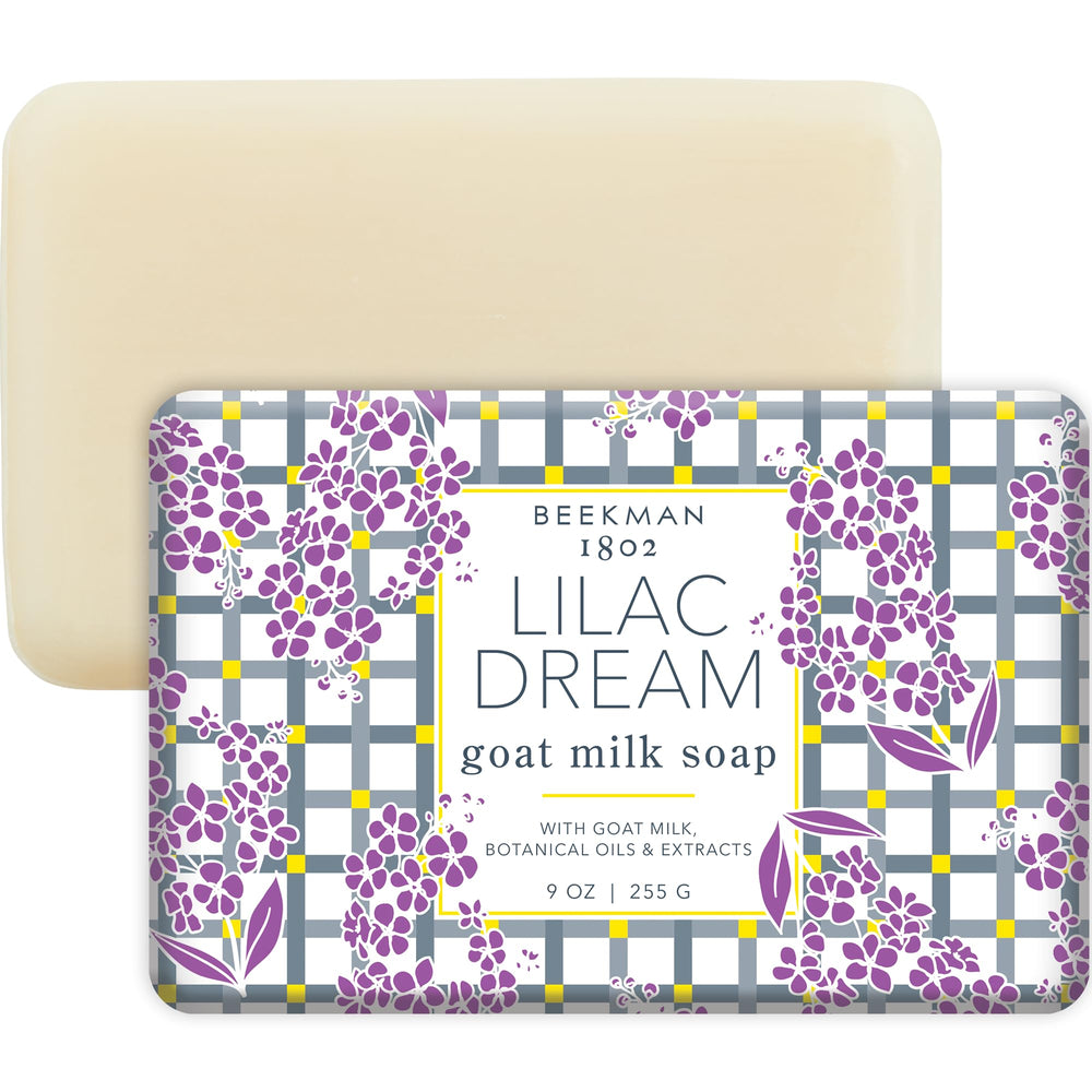 Beekman 1802 Lilac Dream goat milk soap bar closeup shows creamy lather for sensitive skin cleansing.