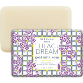 Beekman 1802 Lilac Dream goat milk soap bar closeup shows creamy lather for sensitive skin cleansing.