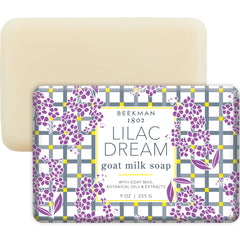 Beekman 1802 Lilac Dream goat milk soap bar closeup shows creamy lather for sensitive skin cleansing.