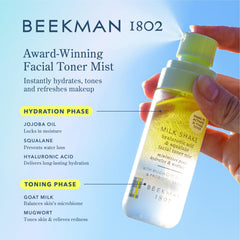 Beekman 1802 Milk Shake mini mist application demonstrates quick absorb hydration