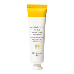 Beekman 1802 Mushroom Goat Milk Eye Cream tube close-up reveals rich hydration for delicate eye skin.