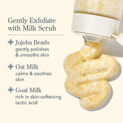 Beekman 1802 Oat Goat Milk Scrub jar close-up, clean, skin-friendly formula.