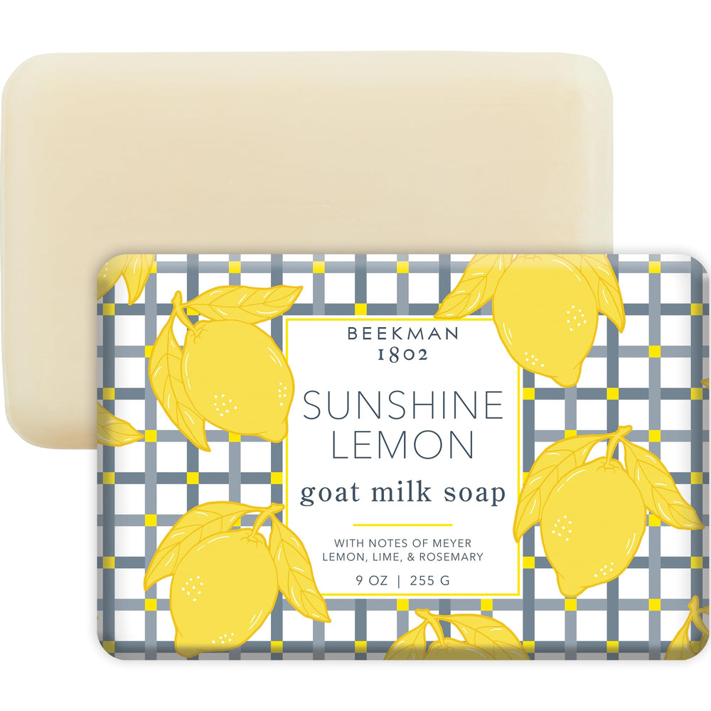 Beekman 1802 Sunshine Lemon soap bar packaging closeup ideal for gifting and sensitive skin.