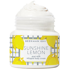 Beekman 1802 whipped body cream jar with sunshine lemon fragrance for deep hydration.