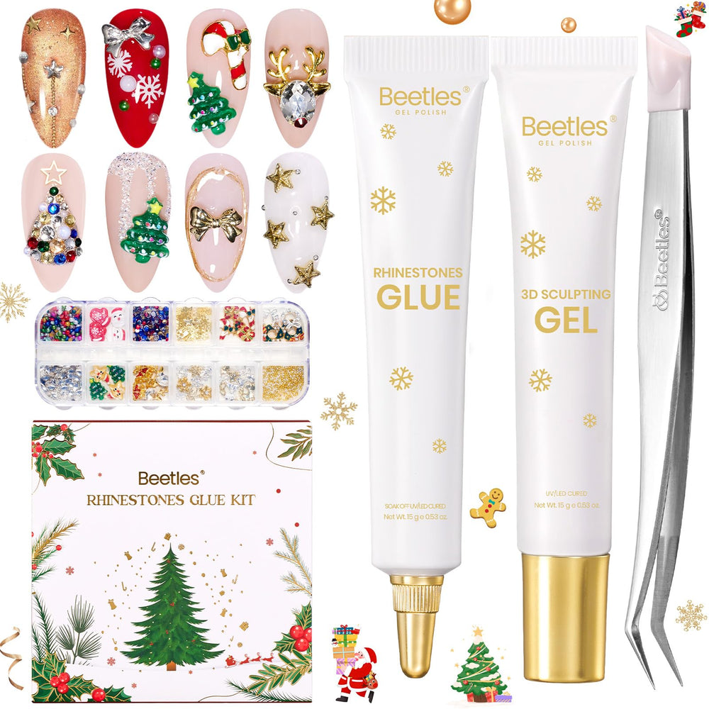 Beetles 3D gel nail art rhinestones kit with Christmas decorations for festive manicures.