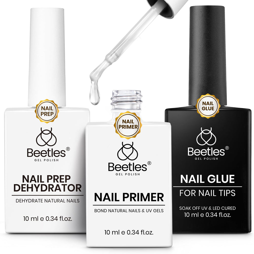 Beetles 3Pcs Gel Nail Glue Dehydrator Primer Set bundle shown for durable adhesion.