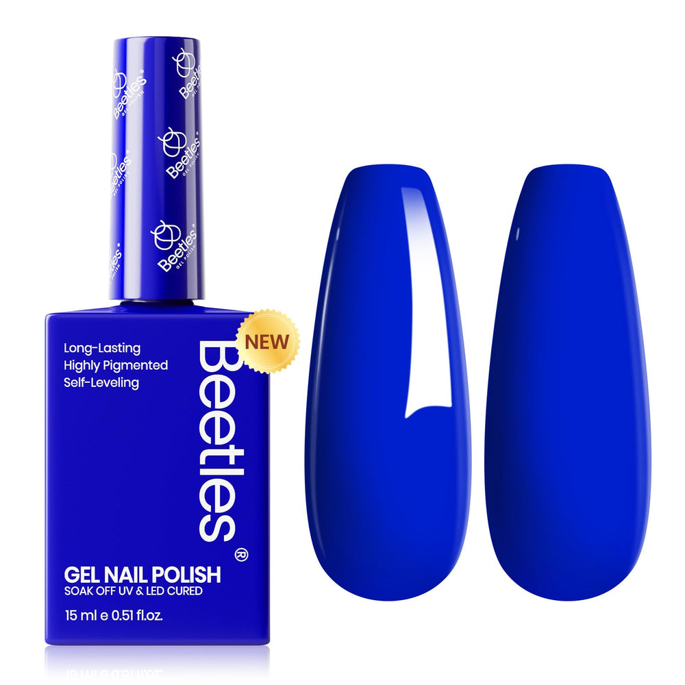 Beetles Blue Gel Nail Polish bottle shows royal blue shade for bold at-home manicures with long-lasting gloss