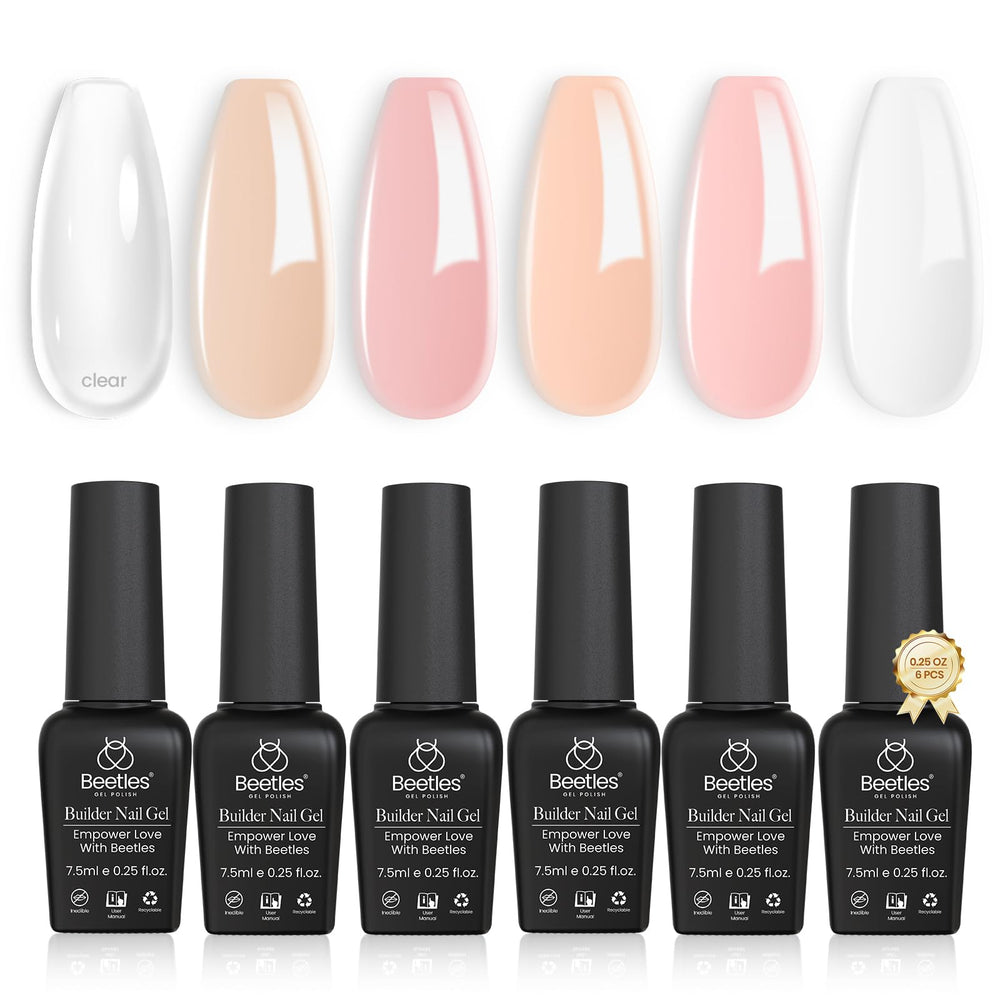 Beetles Builder Gel Set Soft Nude Whisper swatches show natural overlays and apex building.
