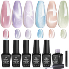 Beetles Gel Polish Cat Eye Set swatches of six colors for versatile DIY nail art.