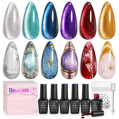 Beetles Cat Eye Gel Polish kit bottles show six vibrant colors for stylish nails.