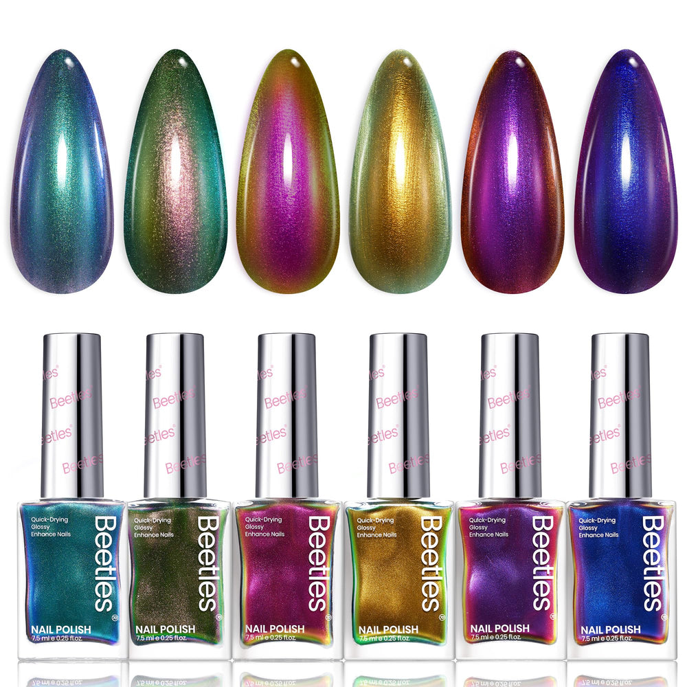 Beetles Chrome Nail Polish Set bottle closeup shows six colors for quick, glossy looks