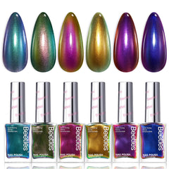 Beetles Chrome Nail Polish Set bottle closeup shows six colors for quick, glossy looks