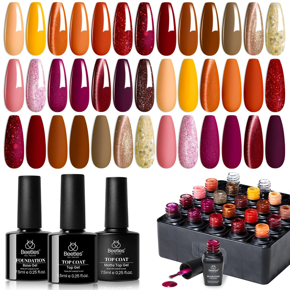Beetles fall shades bottle display for seasonal nails and long-lasting shine.