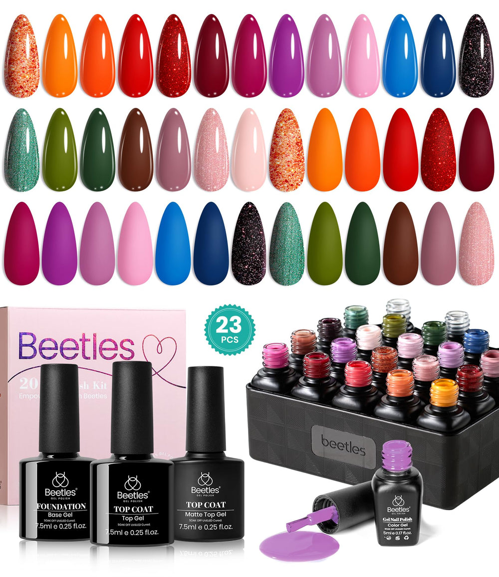 Beetles Fall Gel Nail Polish Set color palette shows 20 shades for autumn manicure