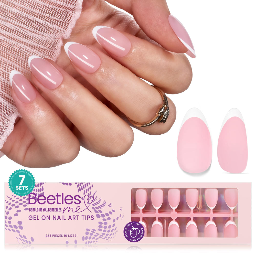 Beetles French Tips press-on nails in pink almond shape for a salon-like home manicure.