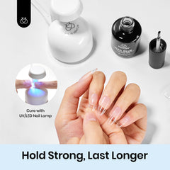 Beetles gel glue application on nail tips demonstrating strong adhesion for false nails