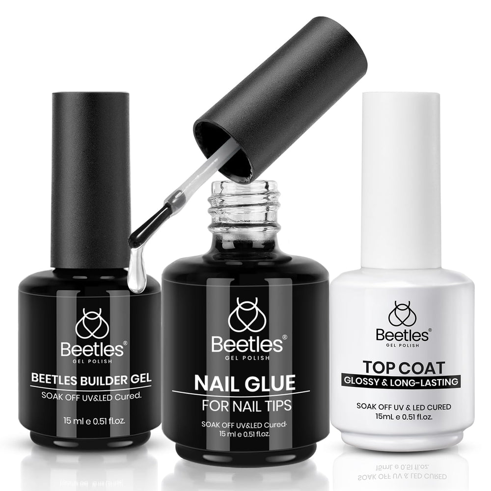 Beetles Gel Nail Glue Kit packaging shows three 15ml bottles for at-home nails.