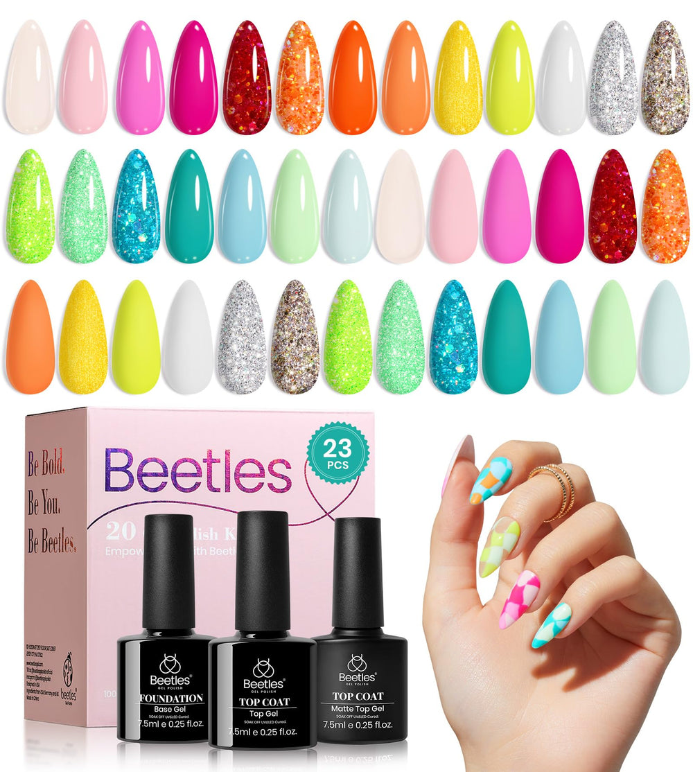 Beetles Gel Nail Polish Set neon colors swatches for quick at-home manicures with vibrant options.