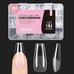 Beetles Gel Nail Tips Etch X pack front—durable pre-shaped coffin tips for DIY manicure.