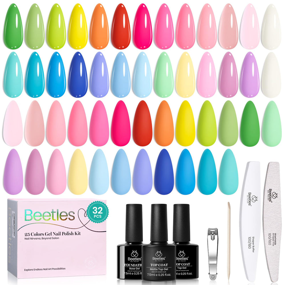 Beetles Gel Polish 25 Colors Kit Flatlay displays versatile hues for stylish DIY nails.