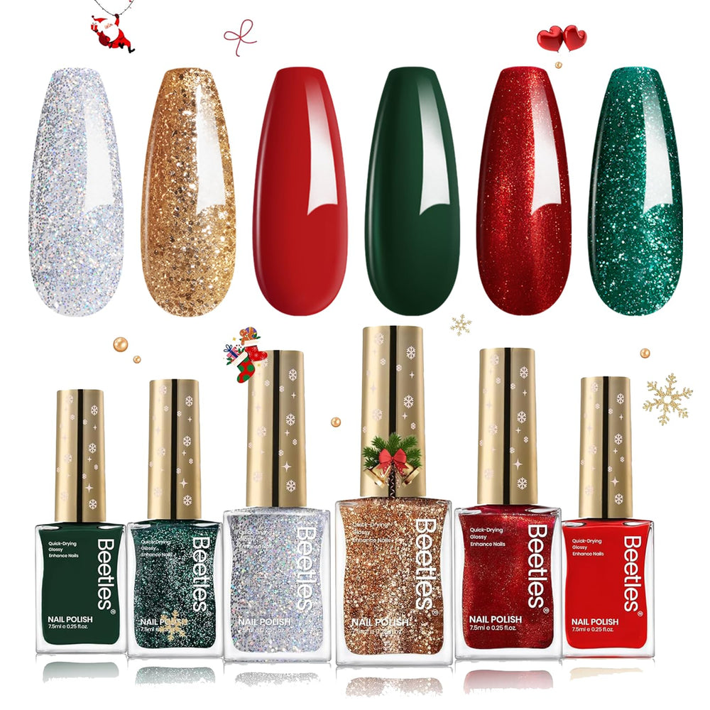 Beetles Gel Polish Christmas red glitter bottle shows quick-dry, bold holiday sparkle.