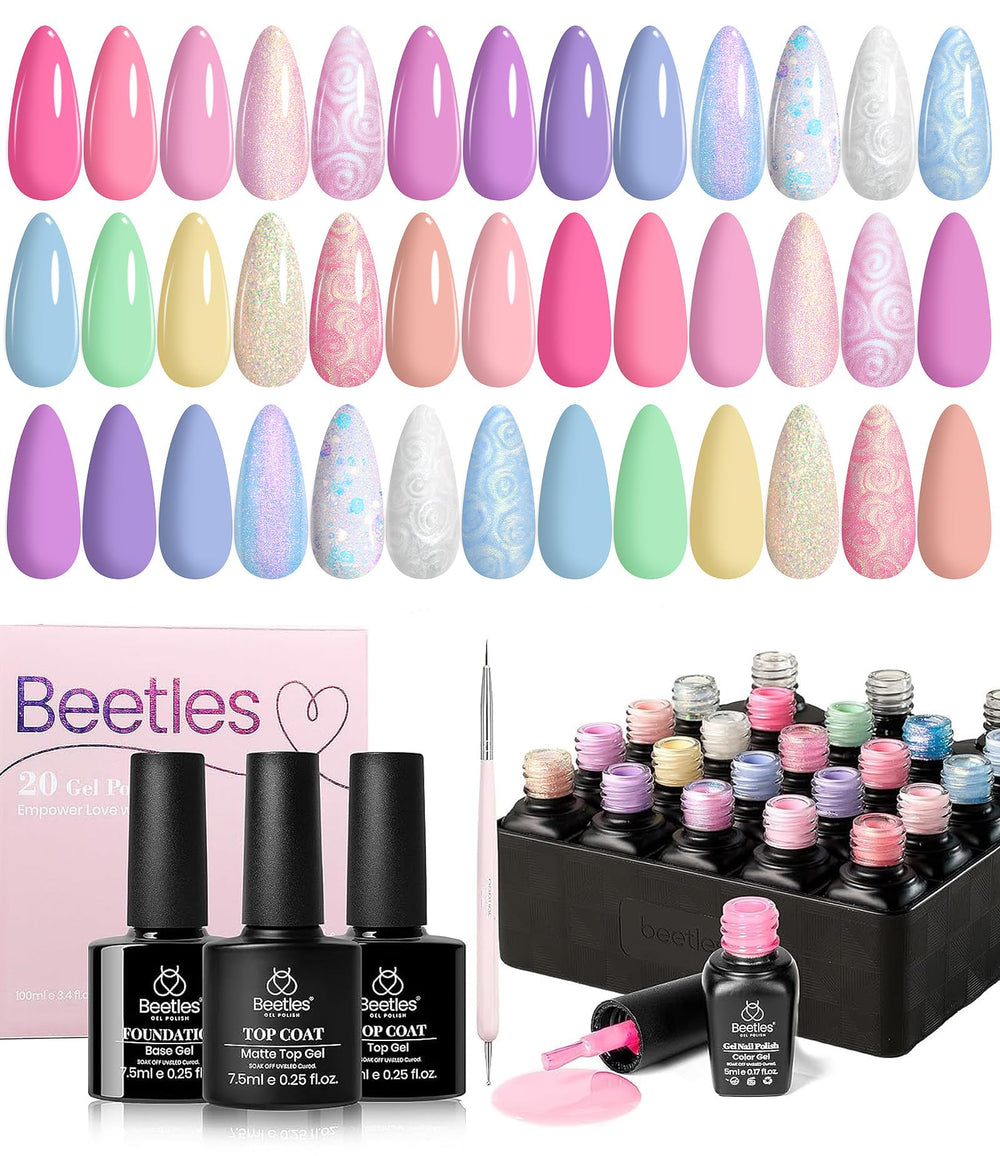 Beetles Gel Polish Set 20 shades swatches for vibrant color ideas.