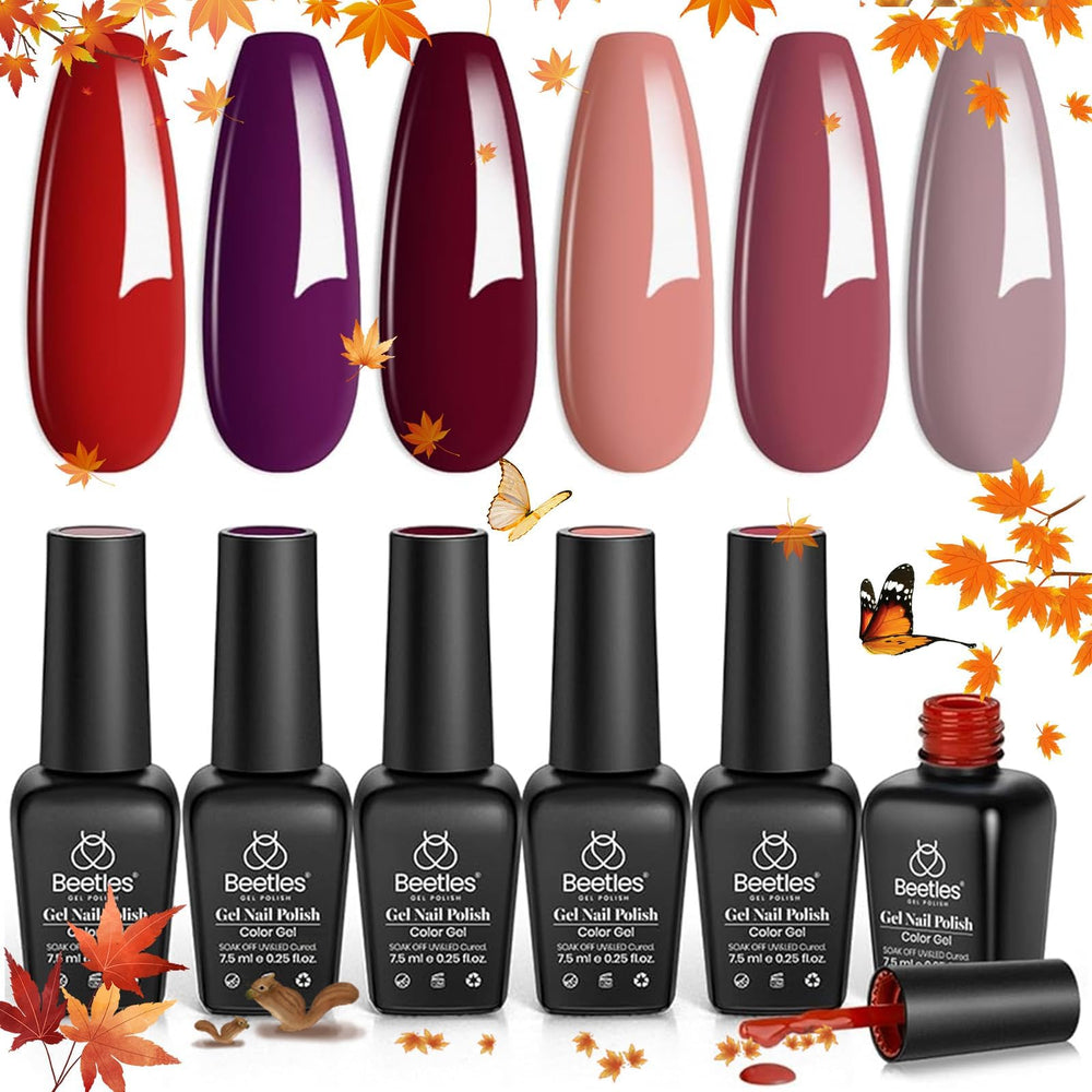 Beetles Gel Polish set 6pcs burgundy red for long-lasting salon-style nails.