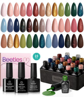 Beetles Gel Polish Set packaging with 20 shades and base/top coats for at-home manicures.