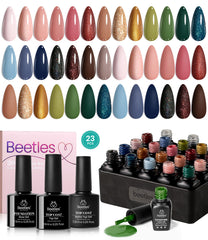 Beetles Gel Polish Set packaging with 20 shades and base/top coats for at-home manicures.