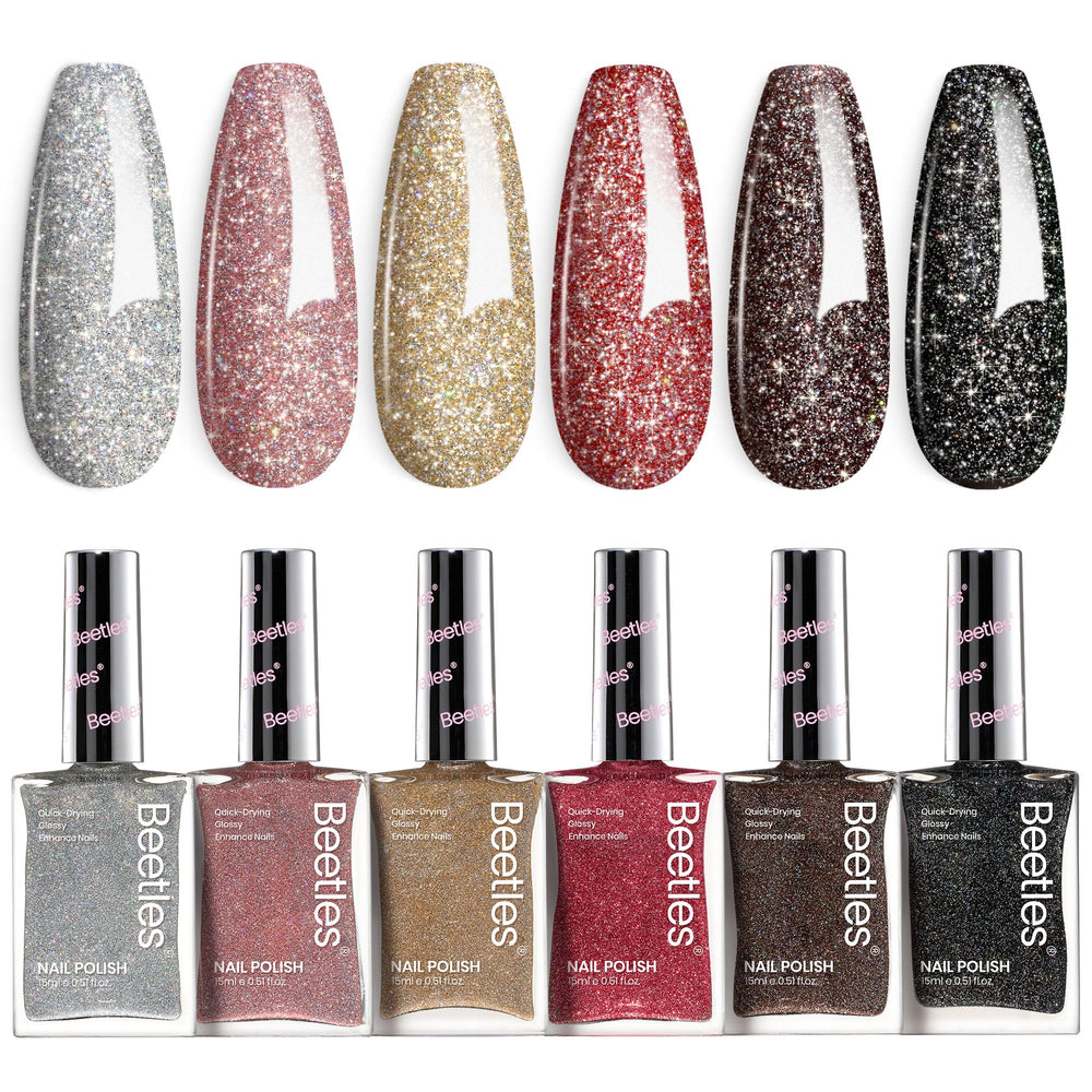 Beetles Glitter Nail Polish Set swatch wheel showing six shimmering colors for quick at-home glam